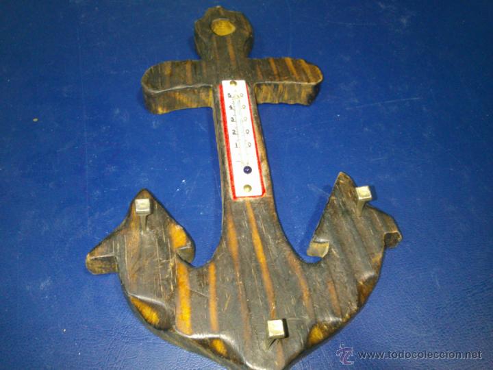 Vintage: COLGADOR FORMA DE ANCLA EN MADERA,CON TERMOMETRO - Foto 3