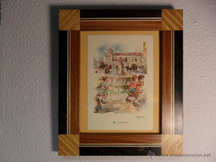 Vintage: CUADRO MOTIVOS INFANTILES-MARCO DE NOGAL Y TARACEA CON MADERAS NOBLES.