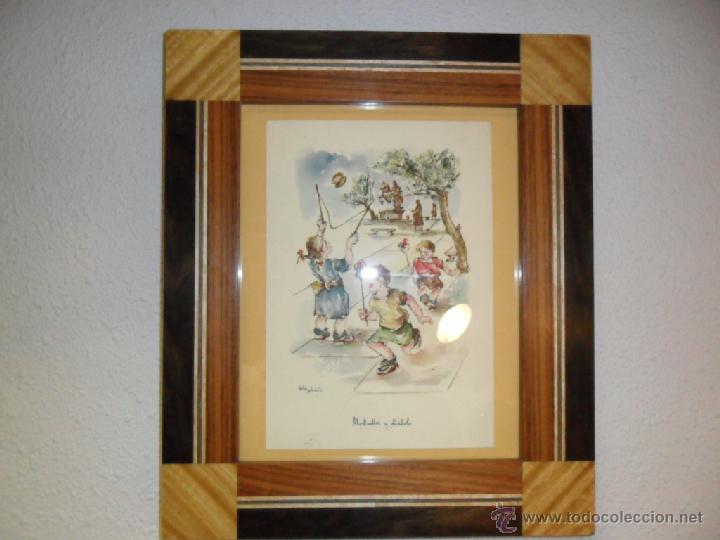 Vintage: CUADRO MOTIVOS INFANTILES-MARCO DE NOGAL Y TARACEA CON MADERAS NOBLES.