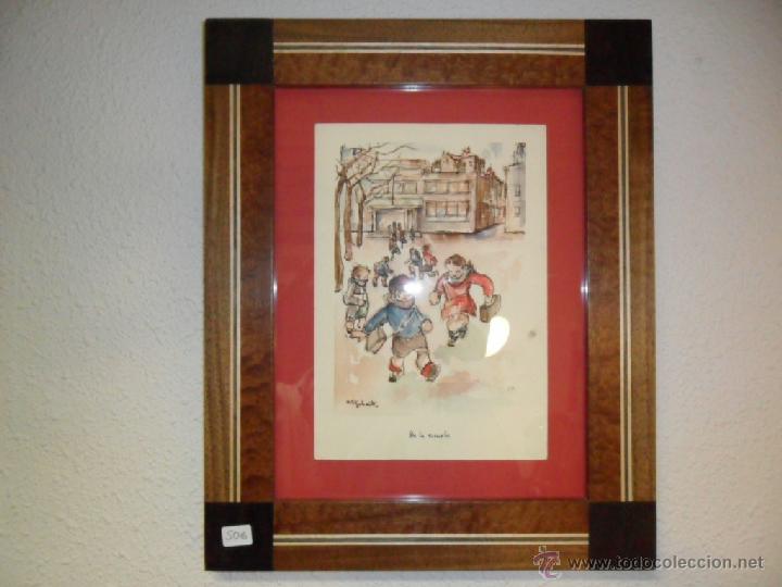 Vintage: CUADRO MOTIVOS INFANTILES-MARCO DE NOGAL Y TARACEA CON MADERAS NOBLES.