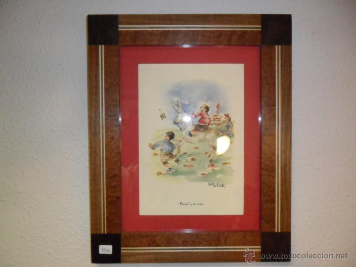 Vintage: CUADRO MOTIVOS INFANTILES-MARCO DE NOGAL Y TARACEA CON MADERAS NOBLES.