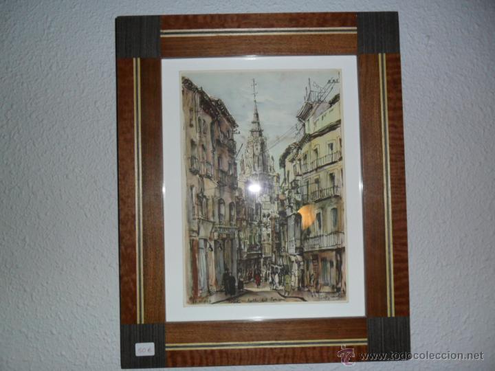 Vintage: CUADRO -TOLEDO CALLE DEL COMERCIO-MARCO DE NOGAL Y TARACEA CON MADERAS NOBLES.