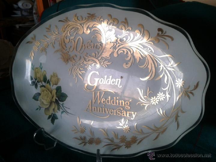 Vintage: BELLEZA. BANDEJA DE CRISTAL. 50 A&Ntilde;OS ANIVERSARIO DE BODAS DE ORO. PRECIOSO REGALO A TU PAREJA.