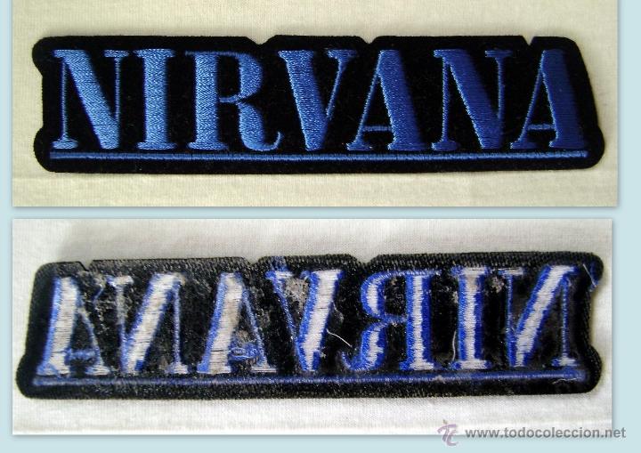 Vintage: NIRVANA. PARCHE TERMOADHESIVO O COSIDO DE TERCIOPELO NEGRO BORDADO EN AZUL