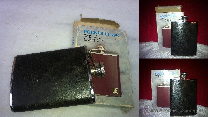 Vintage: PETACA PARA LICOR EN ACERO INOX Y PIEL   MIDEN  14 CM  DE ALTO