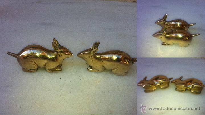 Vintage: MINIATURAS : Pareja de conejos en bronce  Mide : 4 cm de alto x 8,3 cm de largo