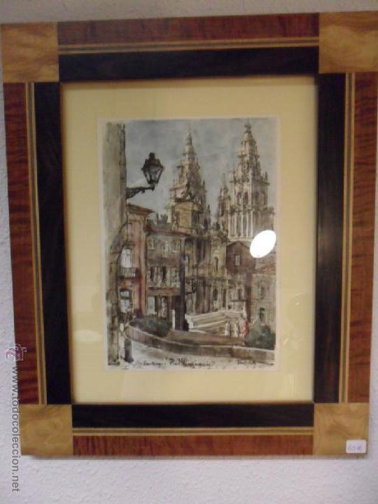 Vintage: CUADRO -SANTIAGO DE COMPOSTELA-MARCO DE NOGAL Y TARACEA CON MADERAS NOBLES.