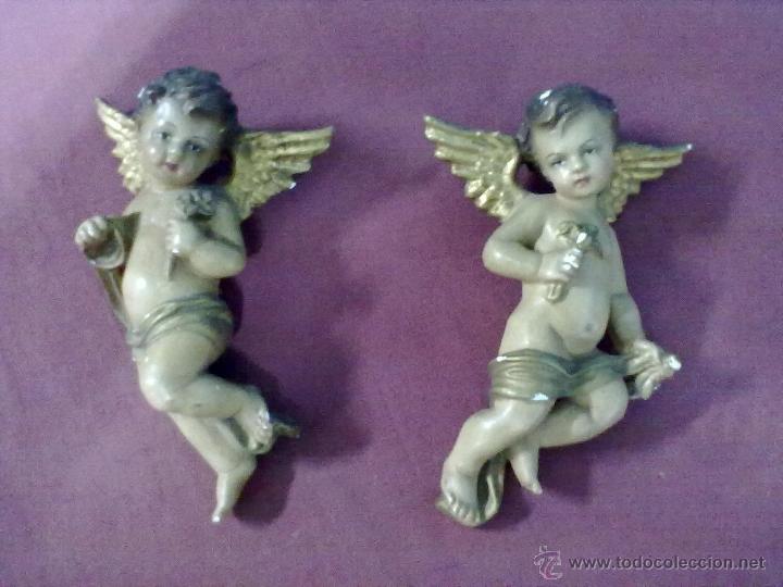 Vintage: PUTTIS PAREJA QUERUBINES ESCAYOLA POLICROMADA DOS ANGELES A RETOCAR