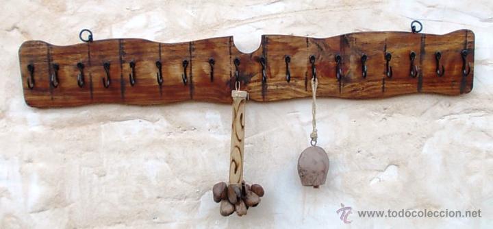 Vintage: perchero de 100 cm en madera rustico, con 18 soportes de hierro, mue365