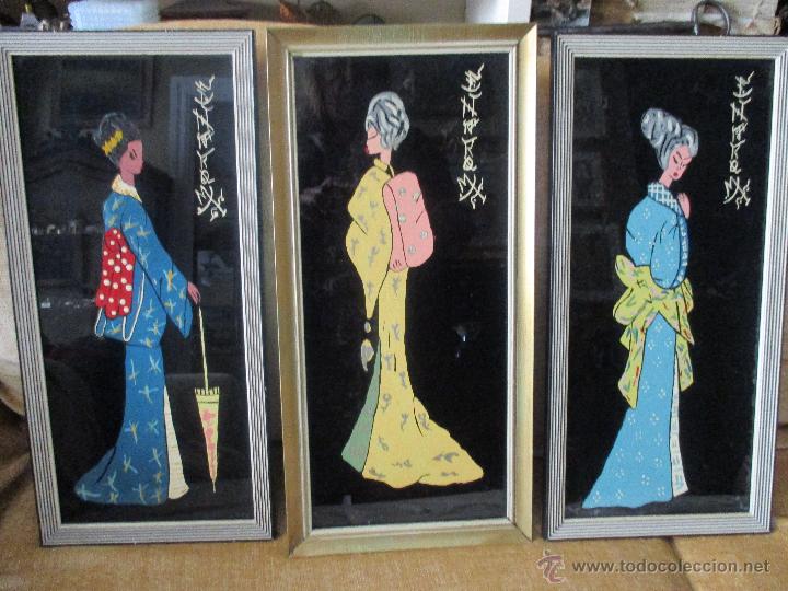 Vintage: 3 CUADROS VINTAGE PINTADOS SOBRE CRISTAL NEGRO A&Ntilde;OS 60 FIRMADOS MORANT