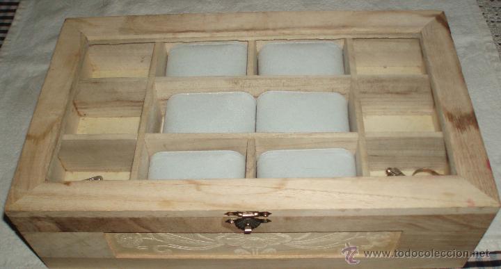 Vintage: caja de madera tapa de cristal y varios compartimientos