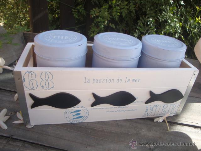 Vintage: Caja de madera con 3 botes de metal - Foto 1