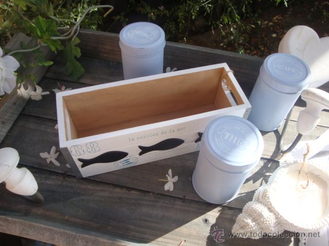 Vintage: Caja de madera con 3 botes de metal - Foto 2