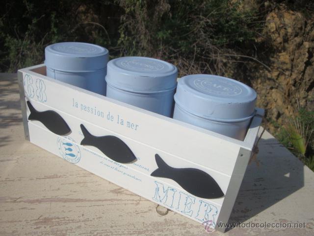 Vintage: Caja de madera con 3 botes de metal - Foto 3