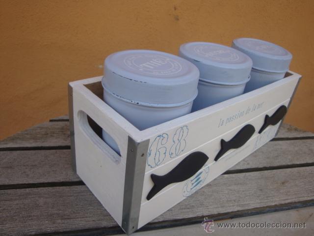 Vintage: Caja de madera con 3 botes de metal - Foto 5