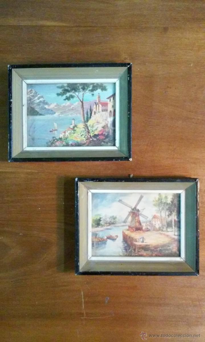 Vintage: Dos decorativos cuadritos. Madera y cristal. L&aacute;minas. 15 x 12 cm