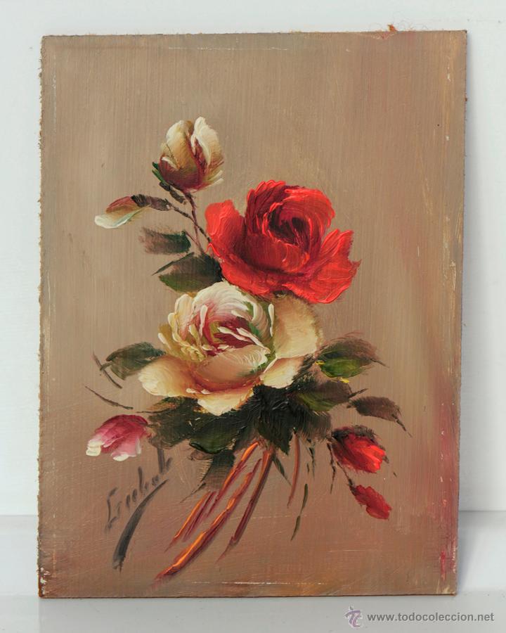 Vintage: Bodeg&oacute;n de flores. &Oacute;leo sobre tablex. 16 x 12 cm