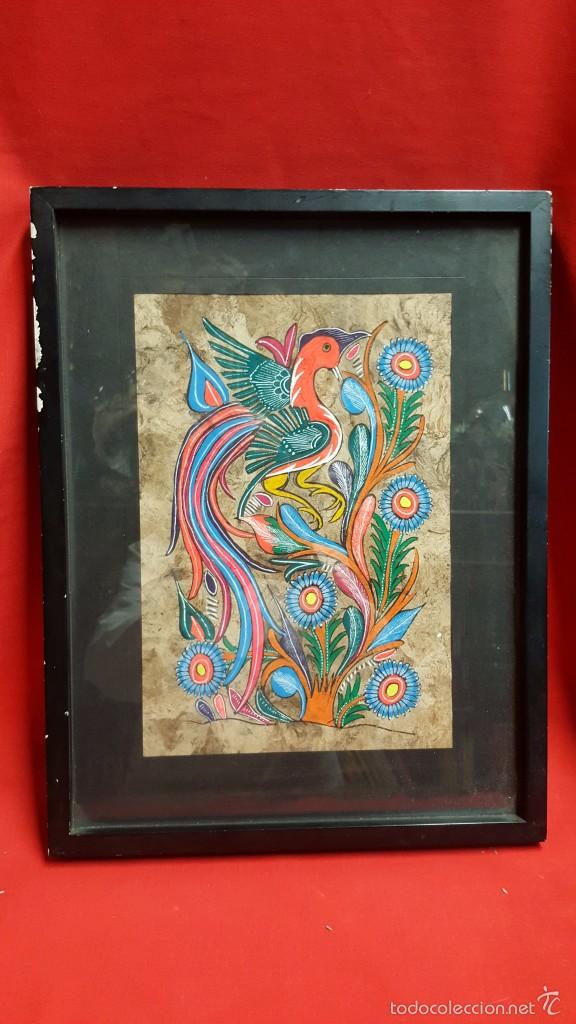 Vintage: P&aacute;jaro en azules y naranjas. Pintura mejicana sobre madera.