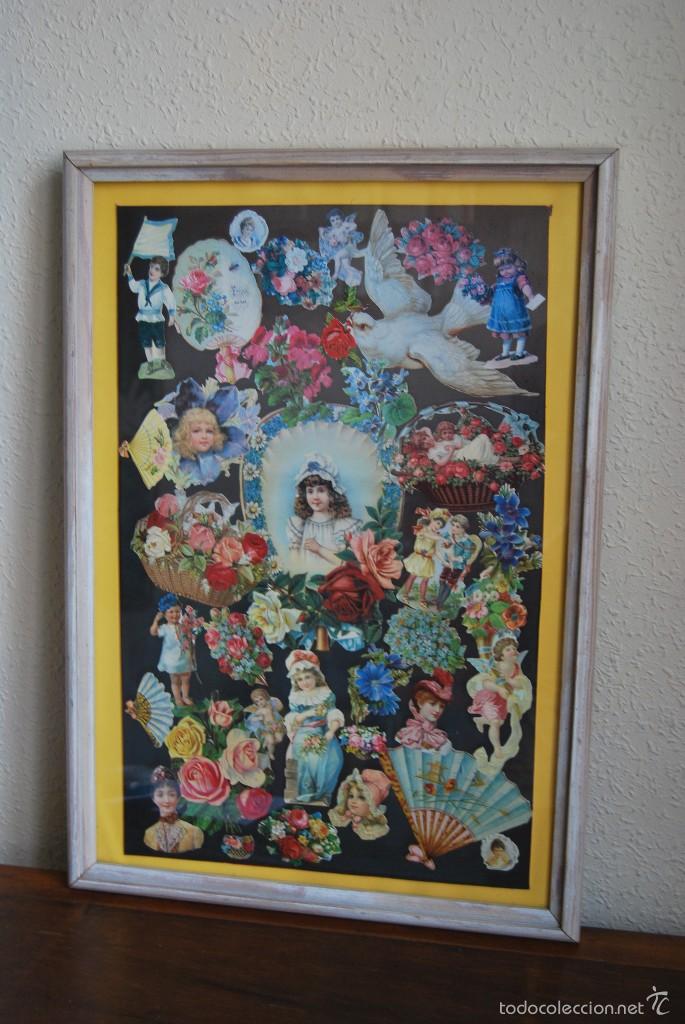 Vintage: CUADRO DE CROMOS TROQUELADOS - FLORES - NI&Ntilde;OS - ABANICOS