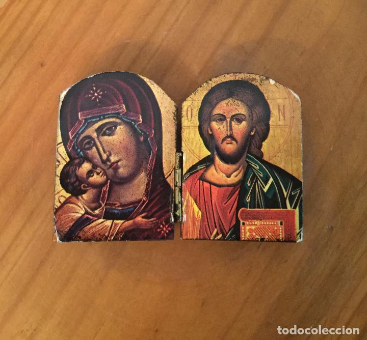 Vintage: DOS PEQUE&Ntilde;OS ICONOS, ICONO DIPTICOS SOBRE MADERA LABRADA - Foto 4