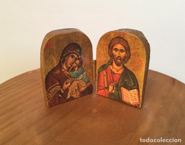 Vintage: DOS PEQUE&Ntilde;OS ICONOS, ICONO DIPTICOS SOBRE MADERA LABRADA - Foto 6