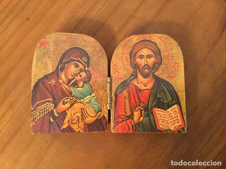 Vintage: DOS PEQUE&Ntilde;OS ICONOS, ICONO DIPTICOS SOBRE MADERA LABRADA - Foto 8