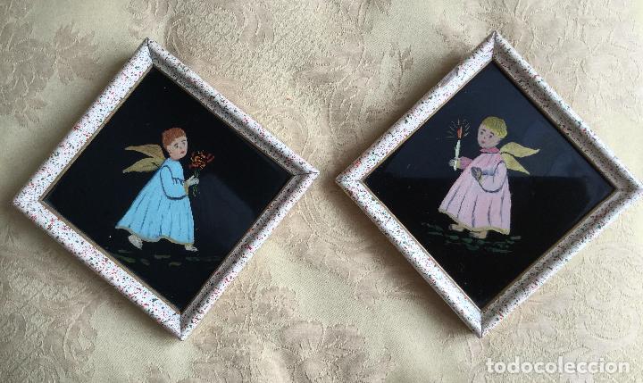 Vintage: 2 CUADROS VINTAGE DE ANGELITOS PINTADOS SOBRE BALDOSAS DE CERAMICA