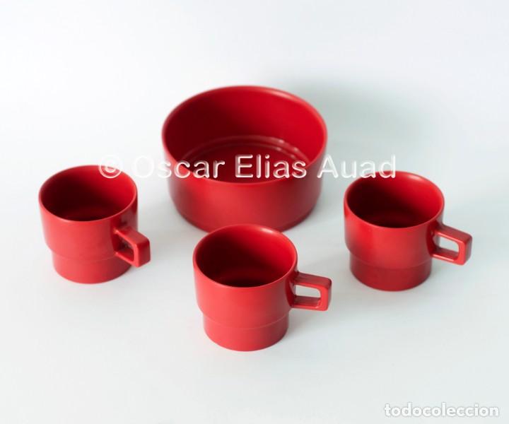 Vintage: Juego de 3 tazas para caf&eacute; y 1 cazo. Matca EFMEN (Gij&oacute;n), Made in Spain. De pl&aacute;stico duro. Original