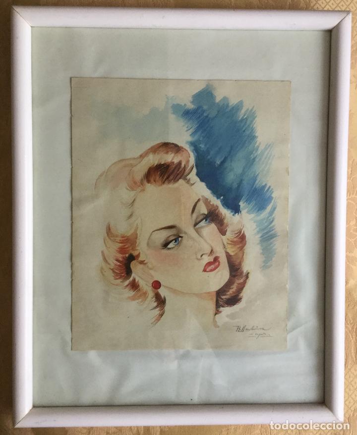 Vintage: ACUARELA VINTAGE DE MUJER ENMARCADA Y FIRMADA A&Ntilde;OS 50