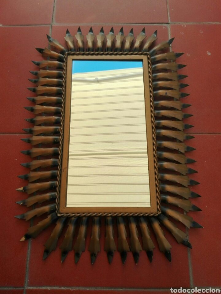 Vintage: ESPEJO SOL VINTAGE ANTIGUO RECTANGULAR METAL DORADO - Foto 1