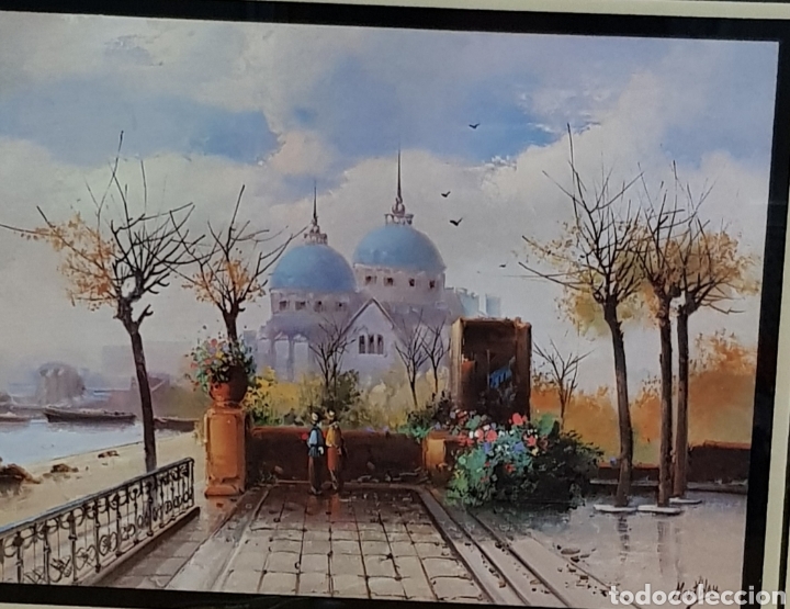 Vintage: Decorativo cuadro Sacre Cor Par&iacute;s. L&aacute;mina enmarcada con cristal