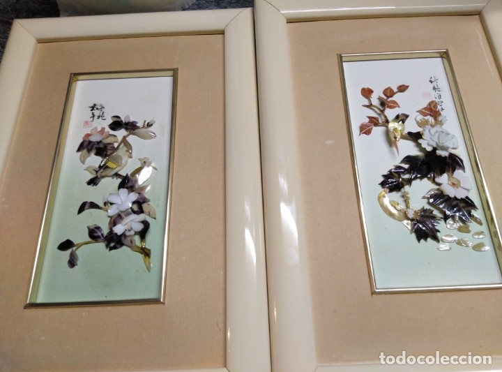 Vintage: Dos composiciones oriental.Aves y Flora, N&aacute;car diferentes colores.21x10-36x25