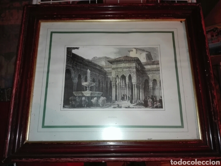 Vintage: CUADRO CON LAMINA ALHAMBRA GRANADA. A&Ntilde;OS 50