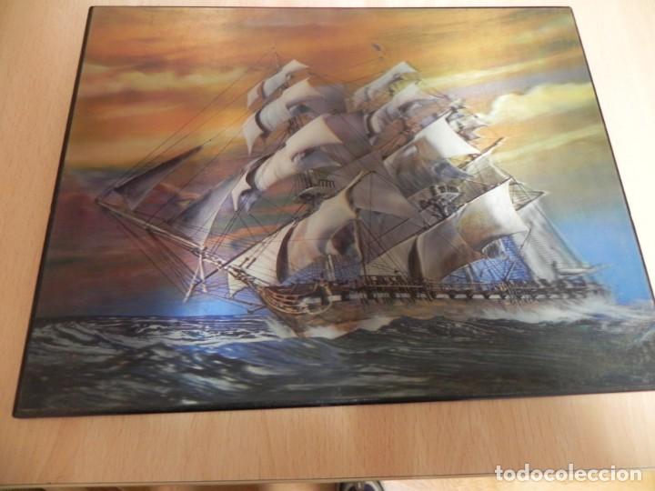 Vintage: LAMINA BARCO 3D PEGADA EN TABLA DE MADERA