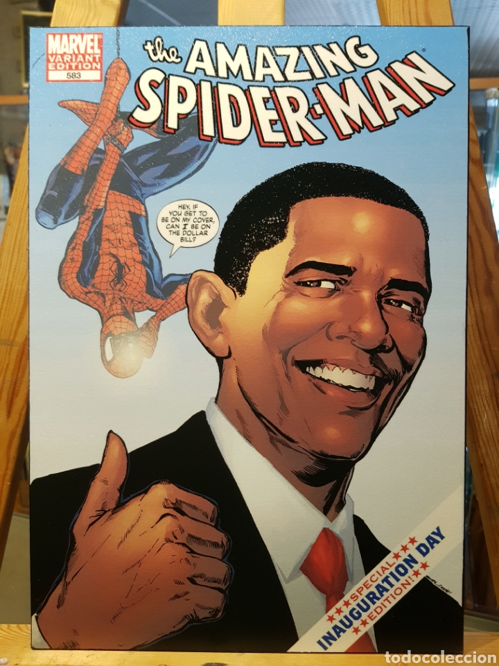 Vintage: Cuadro Comic MARVEL de Spiderman con Obama. 40x28 cm. RARO