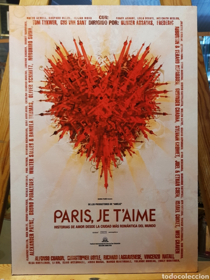 Vintage: Cuadro de cine Frances Par&iacute;s Je T'aime. Cartel en madera 40x28 cm.
