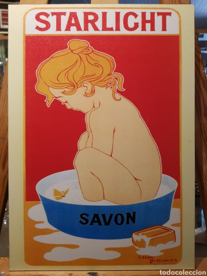 Vintage: Cuadro cartel para ba&ntilde;o en madera de publicidad Starlight Jabon. Art Nouveau