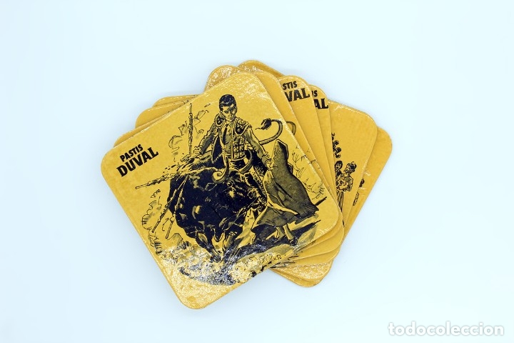 Vintage: Juego de seis posavasos vintage de cart&oacute;n con dibujos de temas taurinos y de flamenco. Pastis Duval