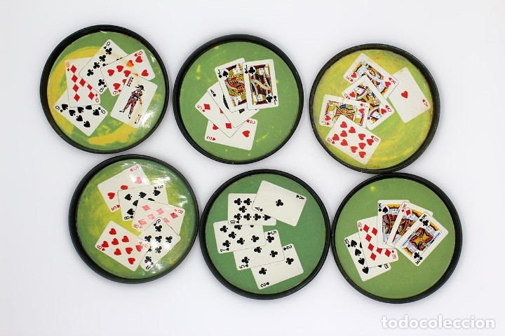 Vintage: Juego de seis posavasos vintage de metal ligero, Made in Finland. Con dibujos de figuras de poker,