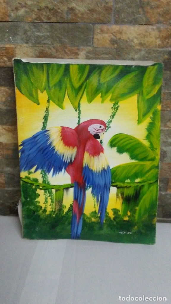 Vintage: LORO. &Oacute;LEO SOBRE LIENZO. CUBA. - Foto 1