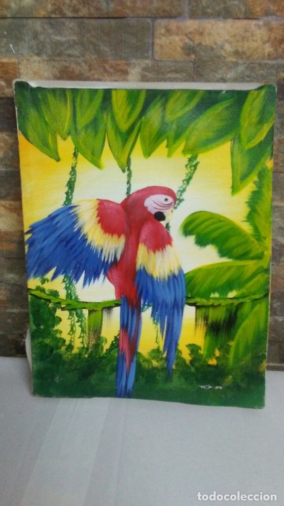 Vintage: LORO. &Oacute;LEO SOBRE LIENZO. CUBA. - Foto 2