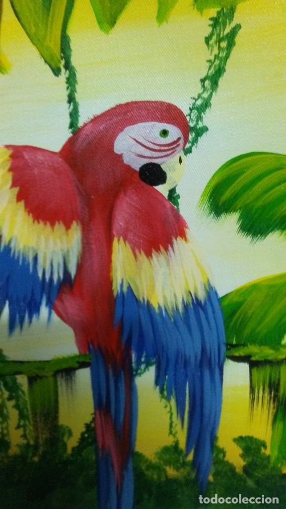 Vintage: LORO. &Oacute;LEO SOBRE LIENZO. CUBA. - Foto 3