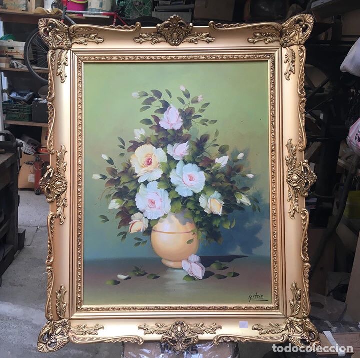 Vintage: Marco dorado con Oleo de jarr&oacute;n pintado sobre lienzo. Medida: 83 x 69 cm