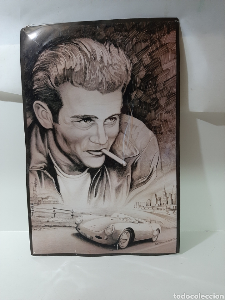 Vintage: Bonito cartel met&aacute;lico de James Dean, firmado por Leonhard.