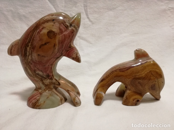 Vintage: 2 FIGURAS DE DELFIN DE PIEDRA ONIX - Foto 1