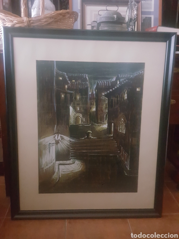 Vintage: G Callej&oacute;n en la noche. L&aacute;mina enmarcada.