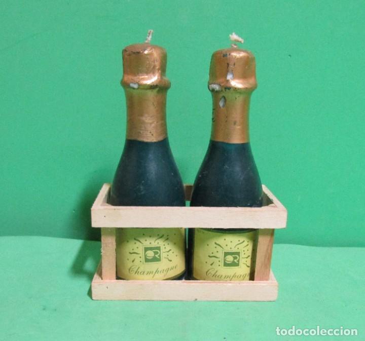 Vintage: PAREJA DE VELAS EN FORMA DE BOTELLA DE CHAMPAGNE MACIZAS, 15 CMS DE ALTURA