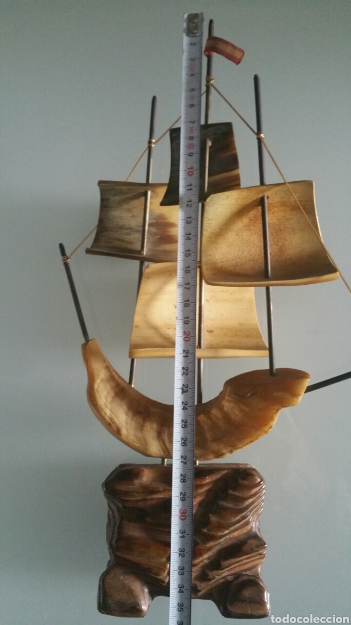 Vintage: Barco realizado en asta, base con term&oacute;metro ( no funciona ). - Foto 11
