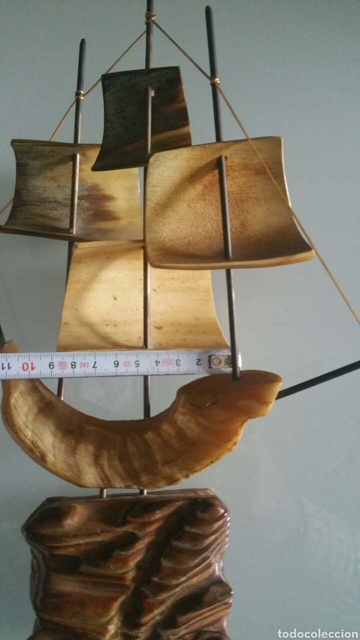Vintage: Barco realizado en asta, base con term&oacute;metro ( no funciona ). - Foto 14
