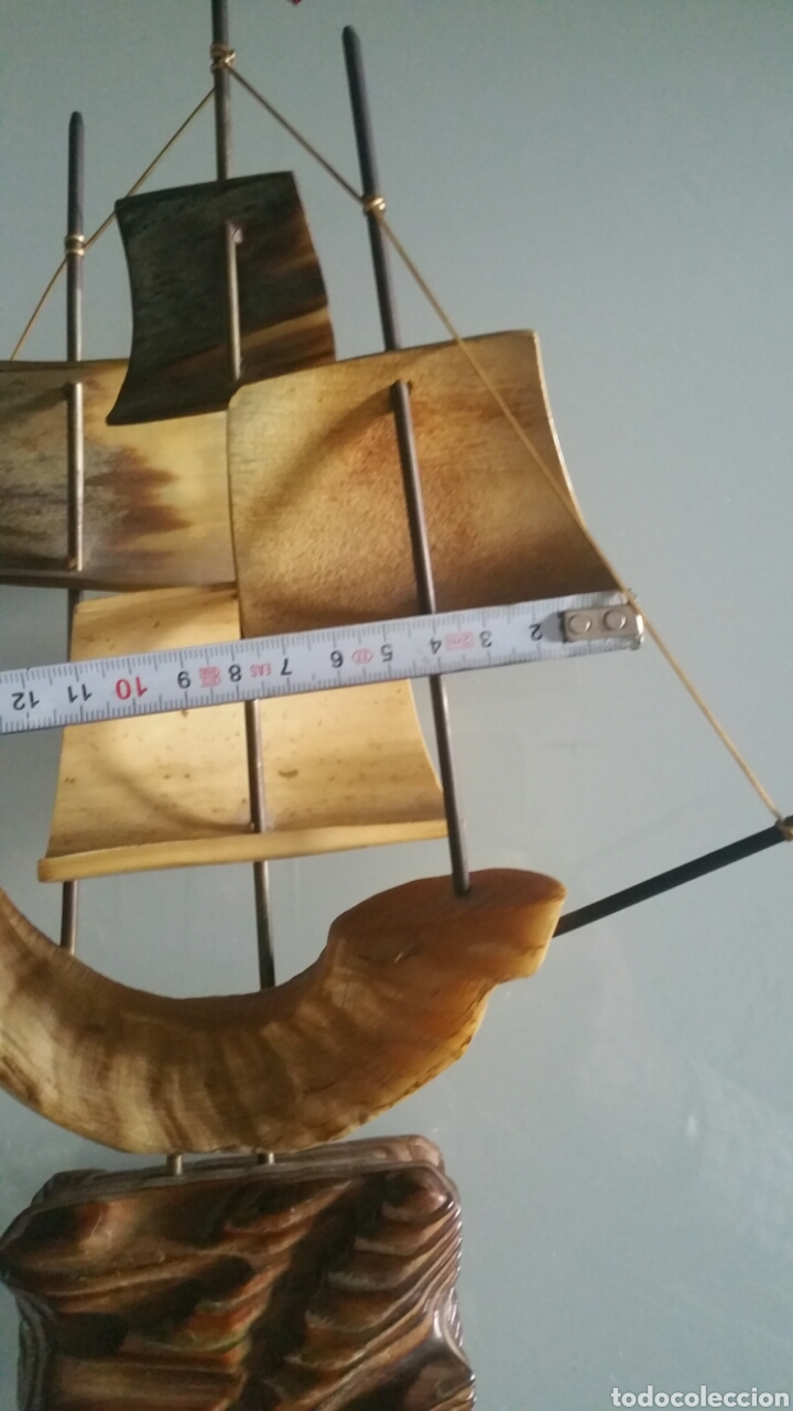 Vintage: Barco realizado en asta, base con term&oacute;metro ( no funciona ). - Foto 15